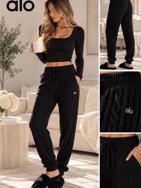 🖤 ALO Yoga Cable Knit Winter Bliss Pants Black Medium M (Size 8 - 10) NWT 🖤
